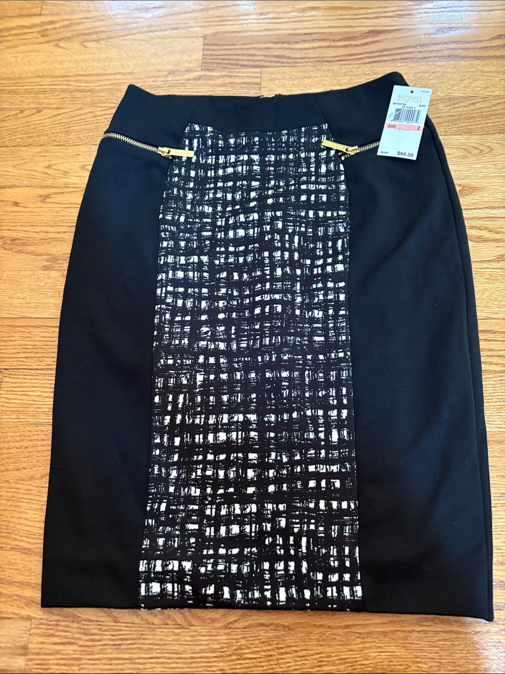Michael Kors Black Pencil Skirt With Tweed Center Panel And Gold Zippers
